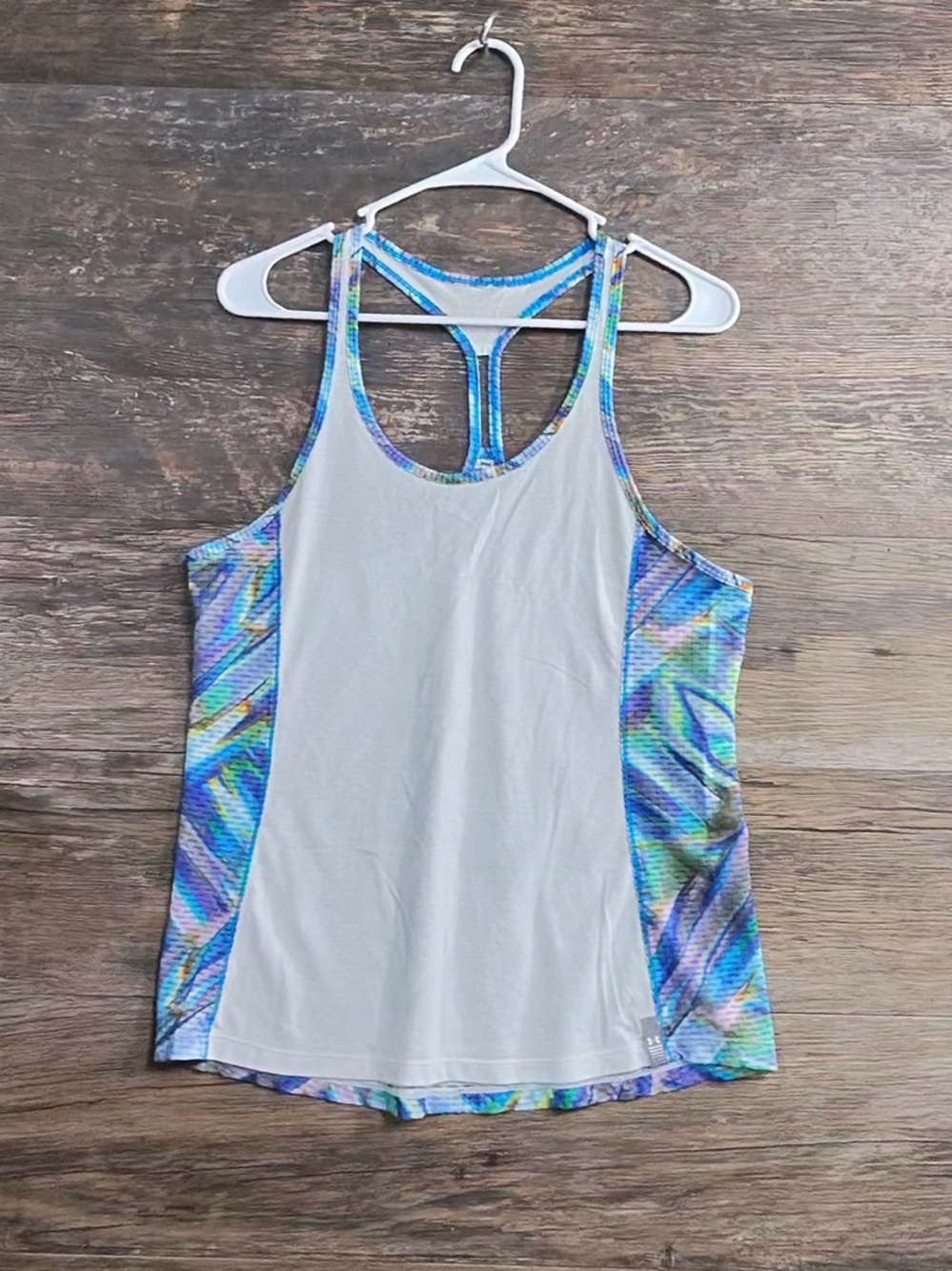 Under Armour White Racerback Tank with Blue & Green Print Panels